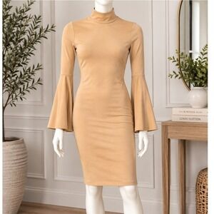 Venus Women Dress Tan Bell Sleeve Mock Neck Bodycon Size XS